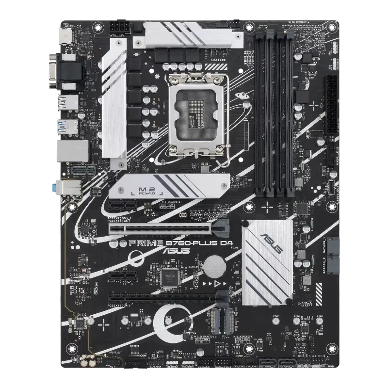 نمای کامل مادربرد ASUS Prime B760-Plus D4 نمای کامل از بالا مادربرد ASUS Prime B760-Plus D4 با چیپست B760، سوکت LGA1700 و اسلاتهای PCIe