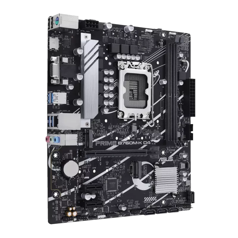 ASUS Prime B760M-K D4 Motherboard Motherboard نمای سهربع مادربرد ASUS Prime B760M-K D4 با چیپست B760، اسلات PCIe و هیتسینک نقرهای