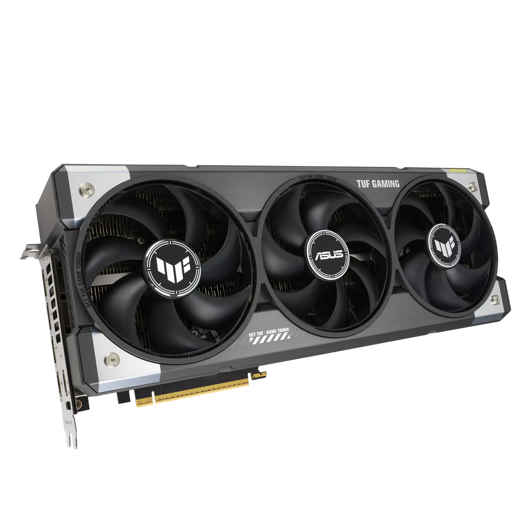 کارت گرافیک ASUS TUF Gaming GeForce RTX 5090 OC با طراحی سه‌فن و نمای مورب از جلو