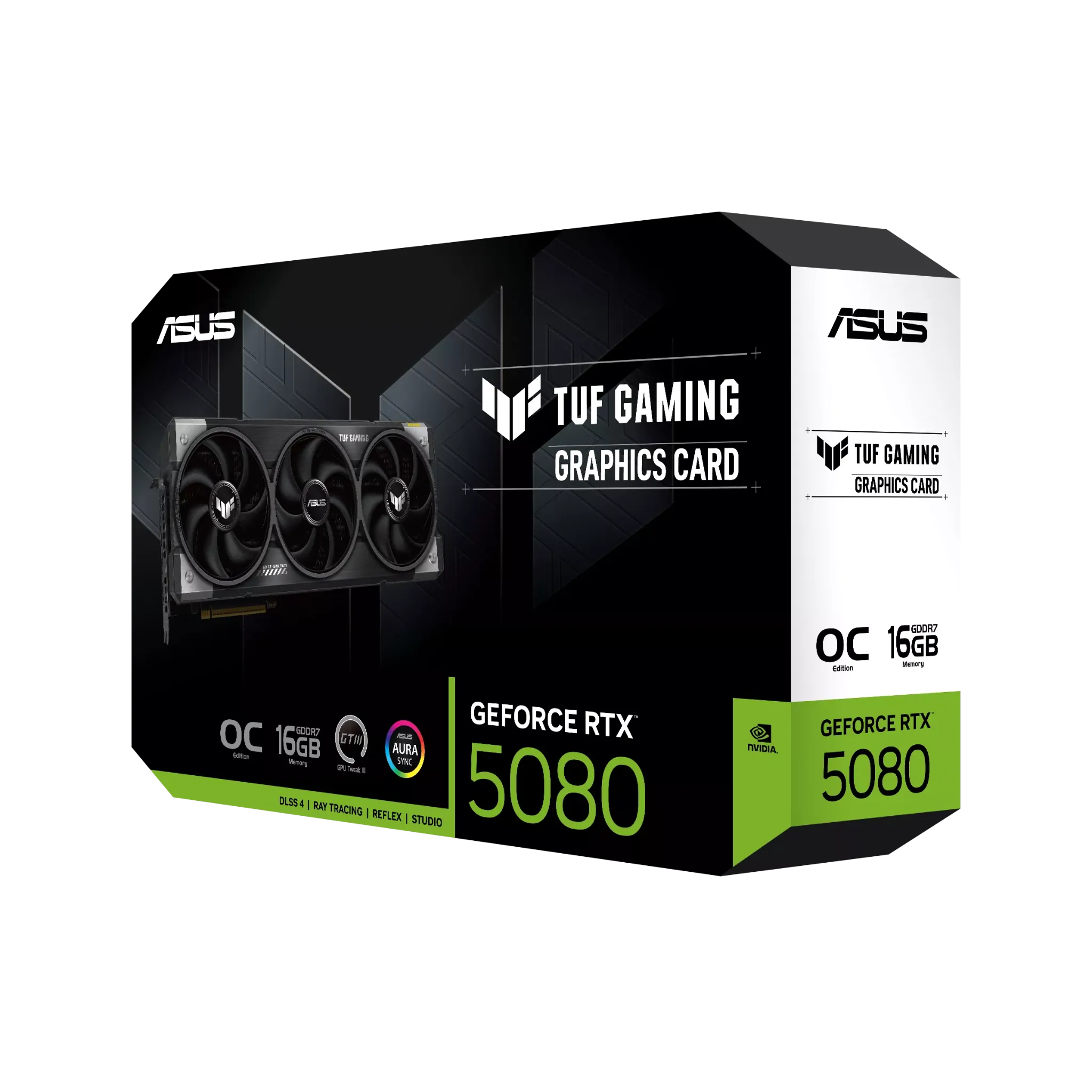 جعبه کارت گرافیک ASUS TUF Gaming GeForce RTX 5080 با طراحی مشکی و سبز و نشان OC Edition
