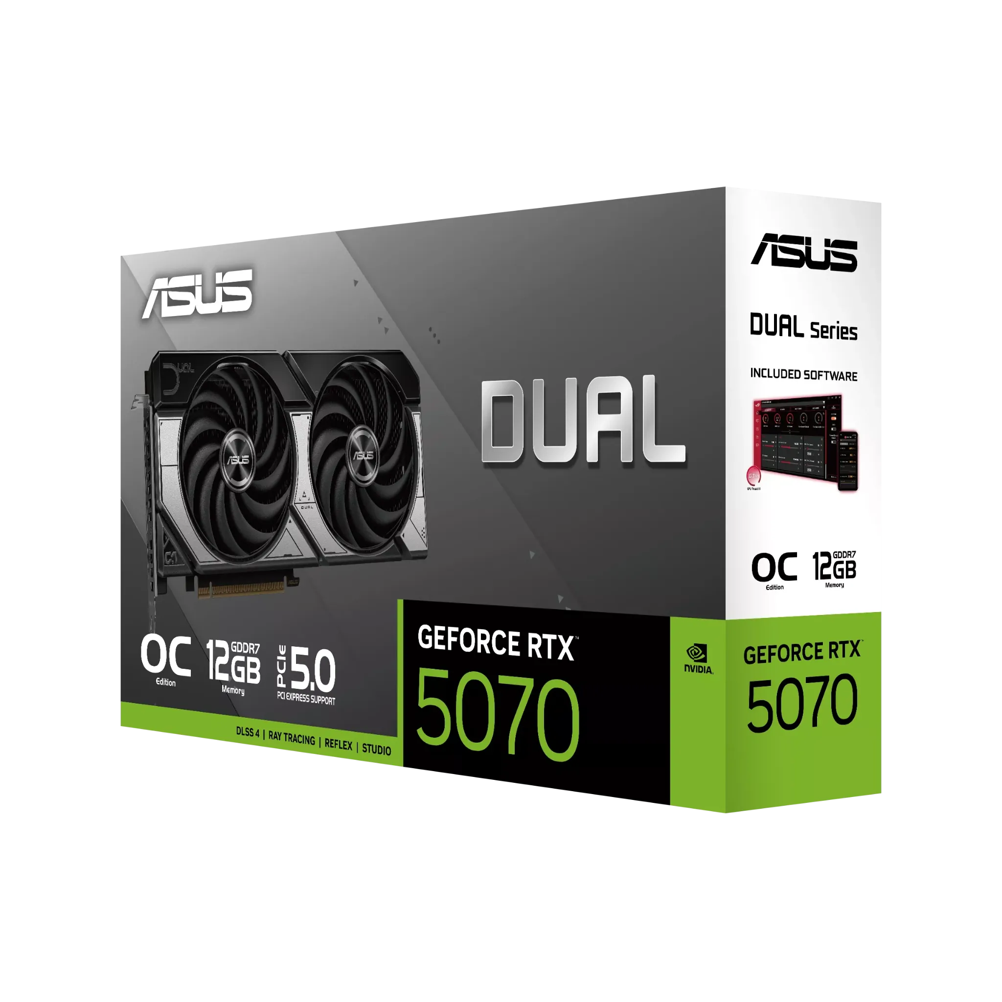 جعبه کارت گرافیک ASUS Dual GeForce RTX 5070 با طراحی سری Dual و حافظه 12GB GDDR7