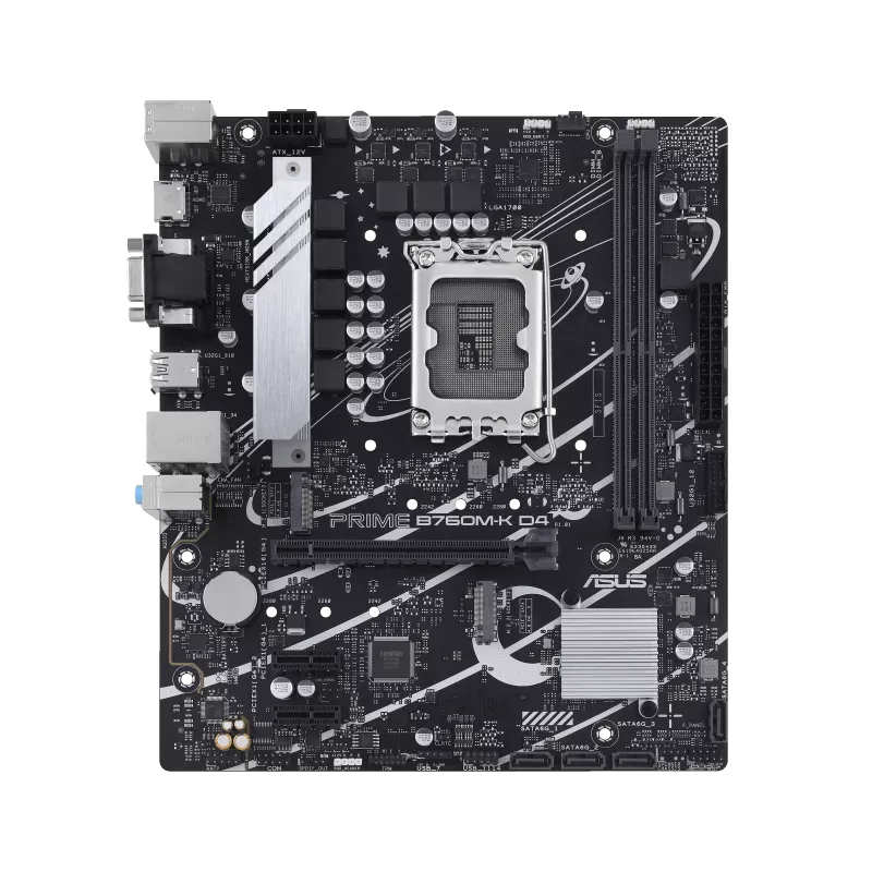 نمای کامل مادربرد ASUS Prime B760M-K D4 نمای کامل از بالا مادربرد ASUS Prime B760M-K D4 با سوکت LGA1700، دو اسلات رم DDR4 و درگاههای توسعه
