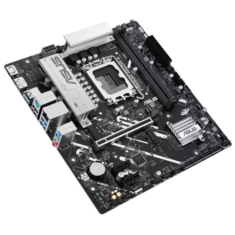 نمای زاویه‌دار مادربرد ASUS Prime B860M-K با سوکت LGA1851، اسلات‌های رم و هیت‌سینک‌های نقره‌ای