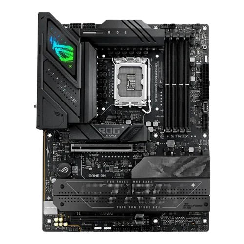 نمای روبهرو مادربرد ASUS ROG STRIX B860-F GAMING WIFI با چیپست B860، سوکت LGA1851 و چهار اسلات DDR5 نمای روبهرو ASUS ROG STRIX B860-F GAMING WIFI