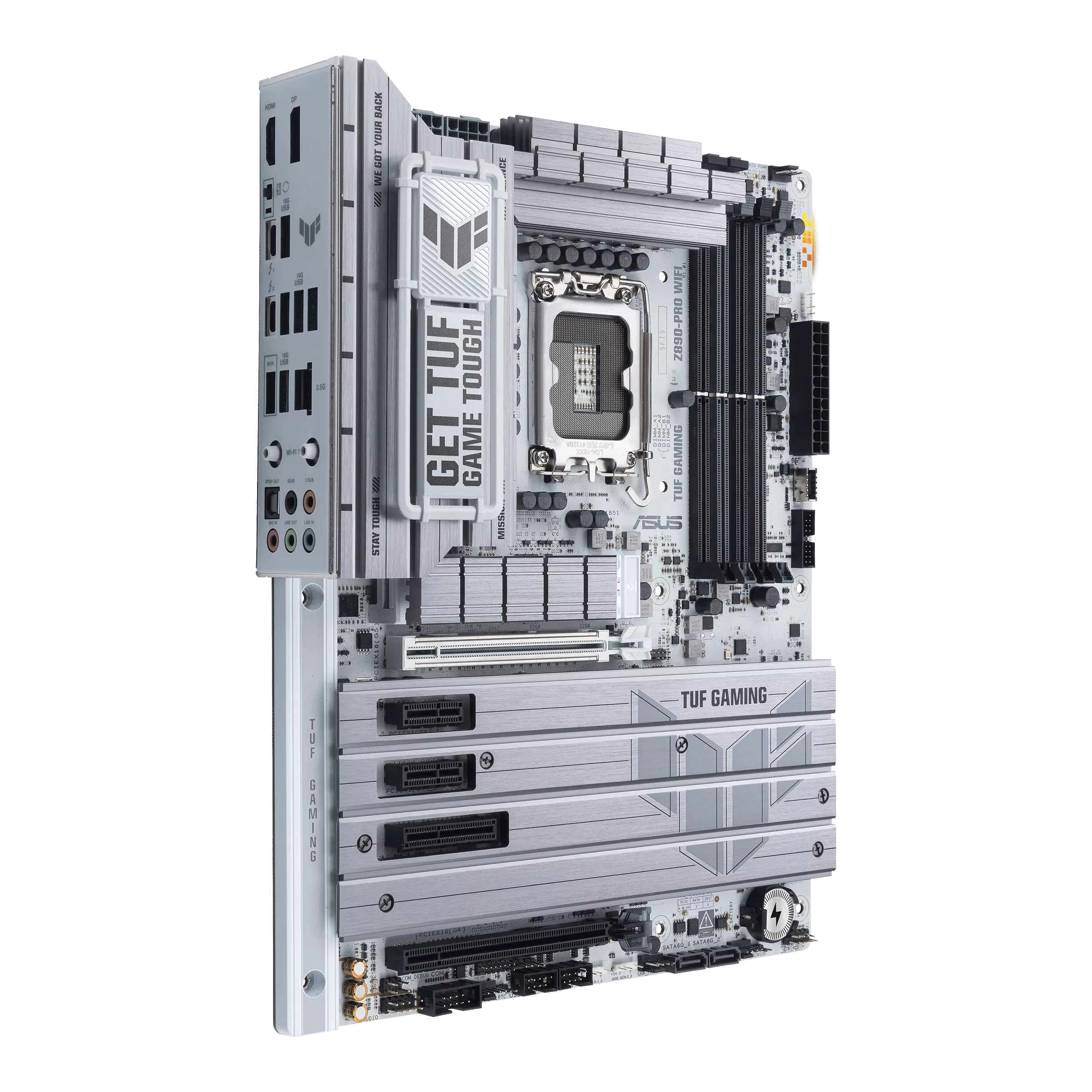 نمای سمت چپ مادربرد ASUS TUF GAMING Z890-PRO WIFI با هیت‌سینک‌های TUF و طراحی نقره‌ای