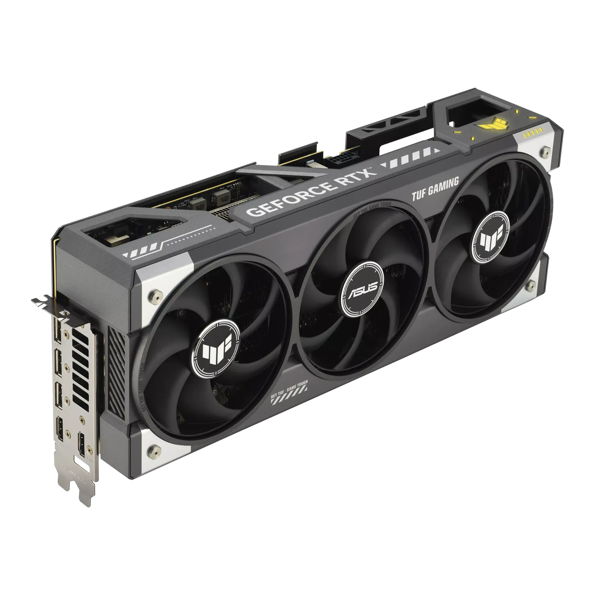 کارت گرافیک ASUS TUF Gaming GeForce RTX 5090 OC با سه فن Axial-Tech و نمایش پورت‌های خروجی