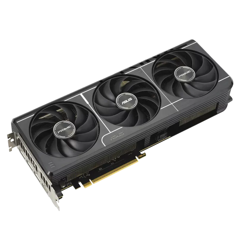 طراحی سهفن ASUS PRIME RTX 5070 نمای بالای کارت گرافیک ASUS PRIME RTX 5070 با طراحی سهفن و بدنه ۲.۵ اسلاتی