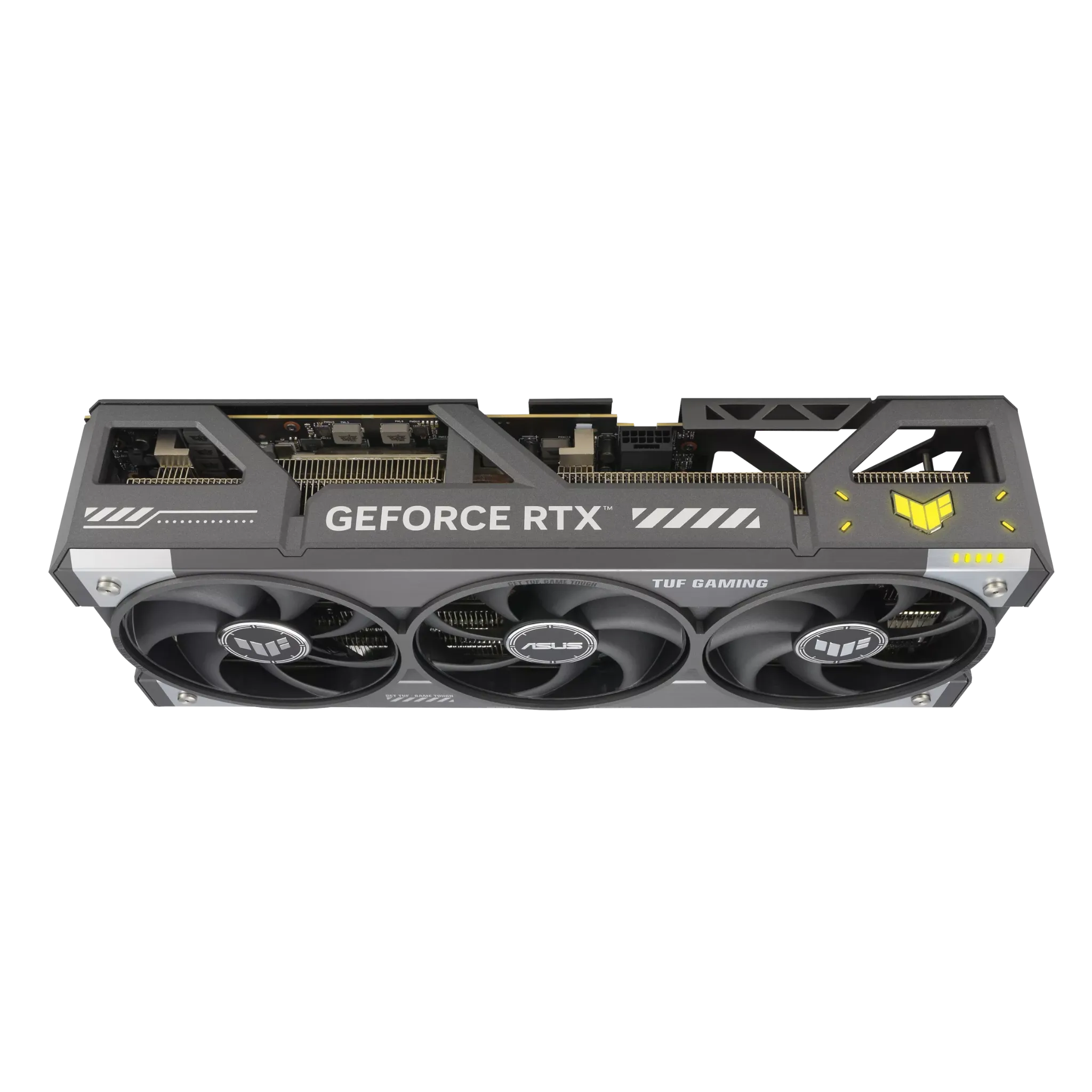 کارت گرافیک ASUS TUF Gaming GeForce RTX 5090 OC با نمای بالا و طراحی سه‌فن