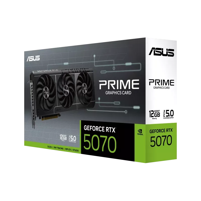 کارت گرافیک ASUS PRIME GeForce RTX 5070 12GB GDDR7 در کنار جعبه محصول