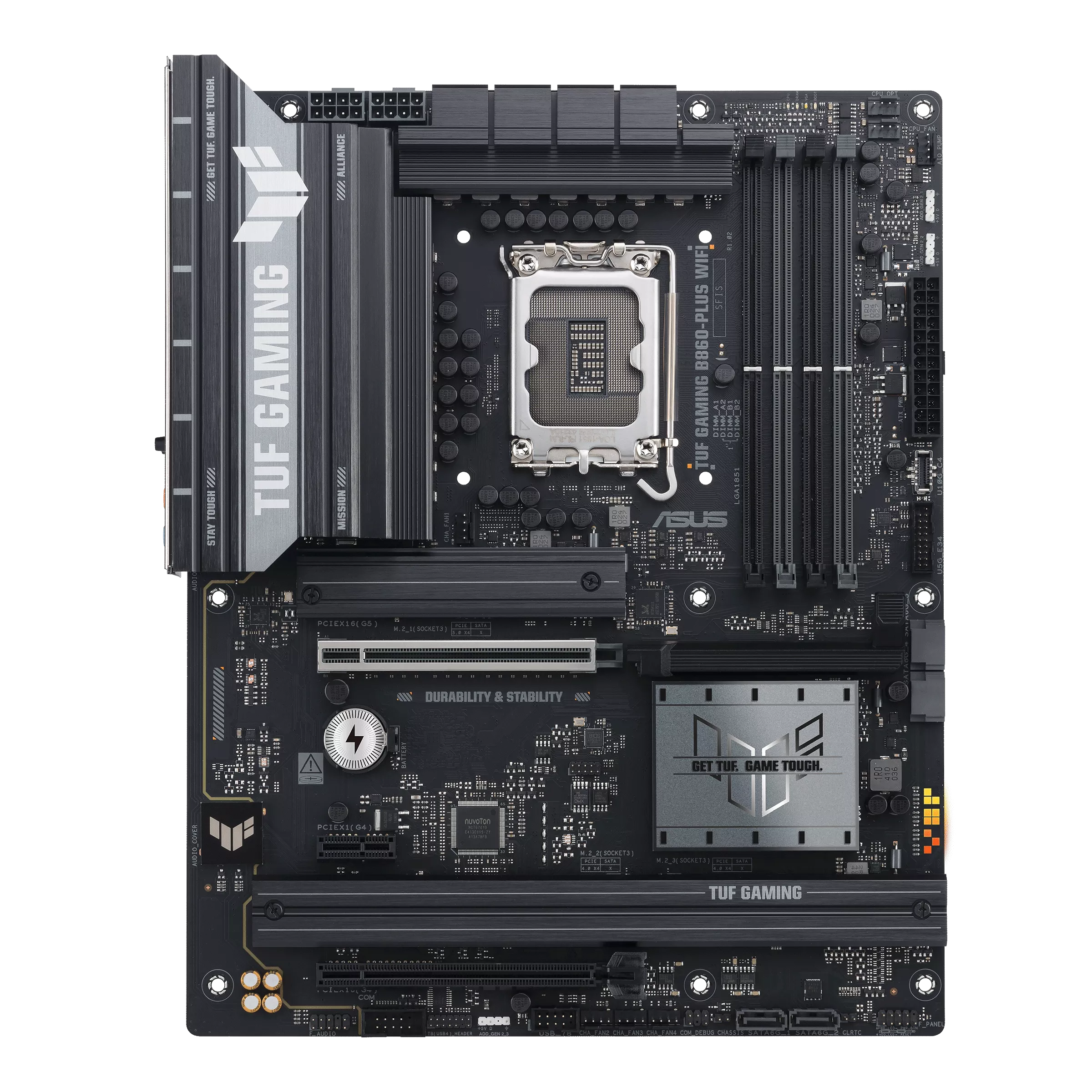 ASUS TUF GAMING B860-PLUS WIFI – Front View نمای روبهرو مادربرد ASUS TUF GAMING B860-PLUS WIFI با سوکت LGA1851 و اسلاتهای DDR5
