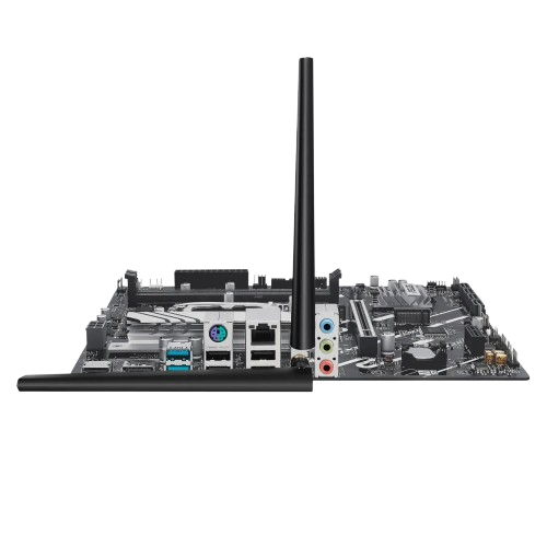 نمای مادربرد ایسوس PRIME H810M-A WIFI به همراه آنتن WiFi و درگاههای ارتباطی مادربرد ASUS PRIME H810M-A WIFI با آنتن وای فای