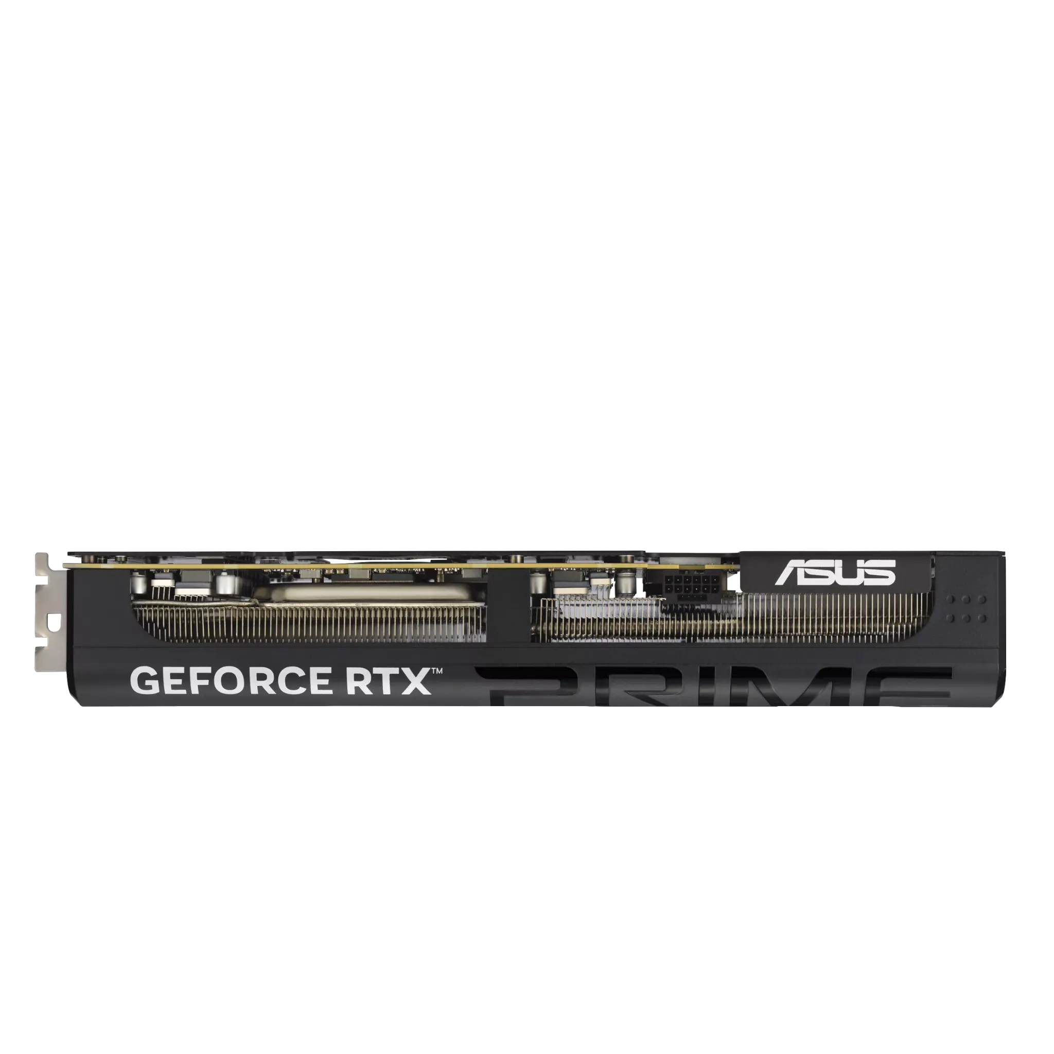 نمای جانبی کارت گرافیک ASUS PRIME GeForce RTX 5080 با طراحی خنک‌کننده پیشرفته و لوگوی PRIME