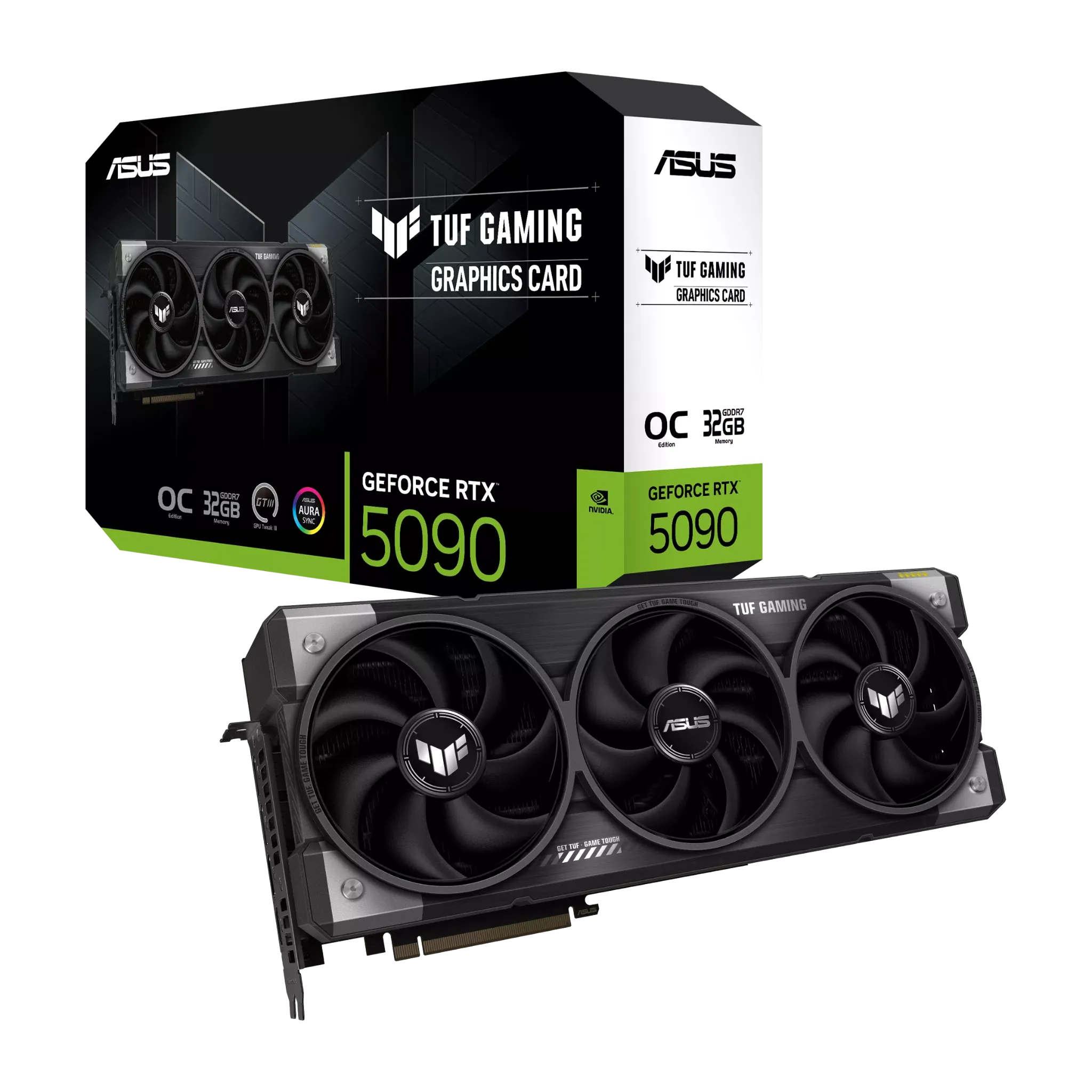 کارت گرافیک ASUS TUF Gaming GeForce RTX 5090 OC به همراه جعبه محصول با طراحی سه‌فن