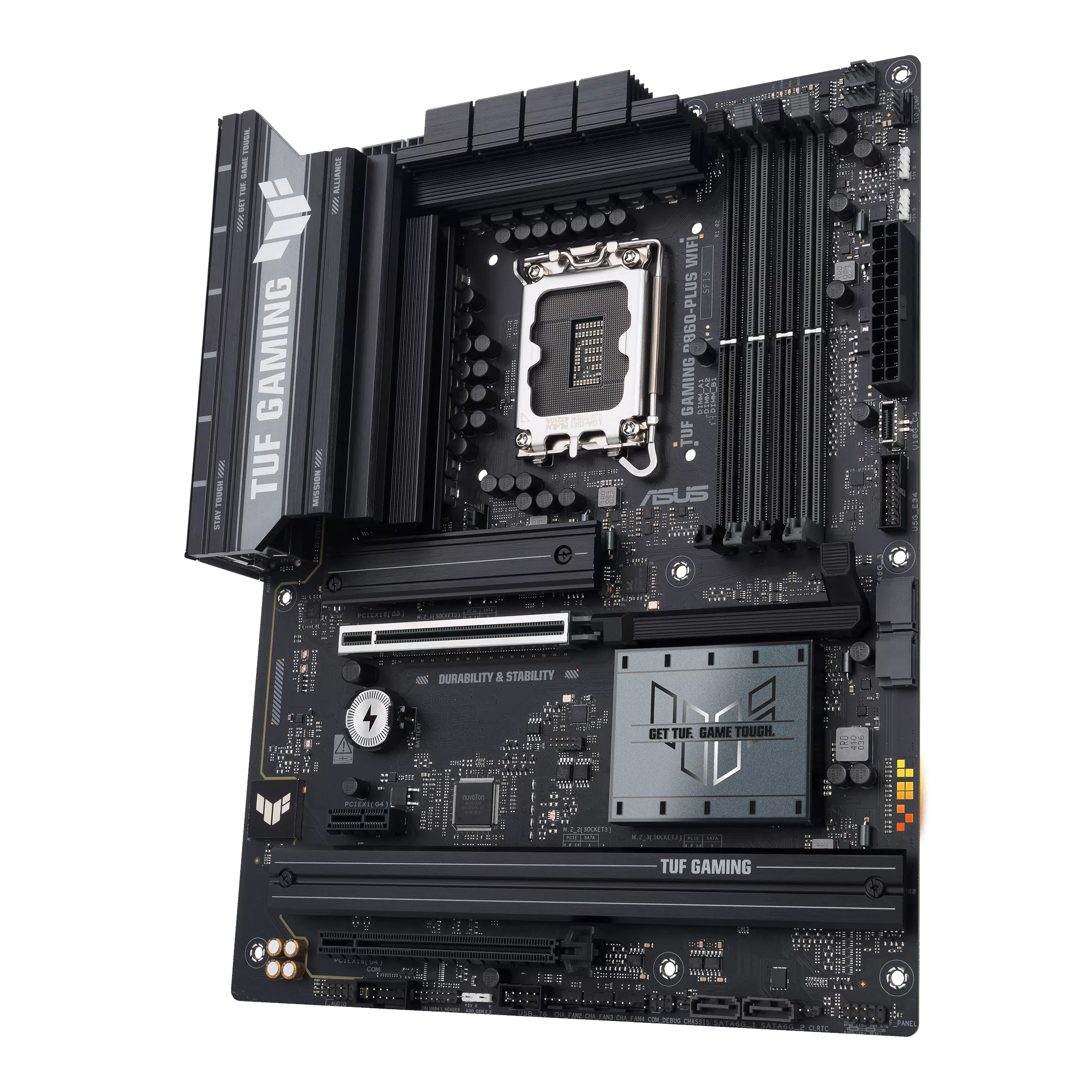 نمای زاویه‌دار مادربرد ASUS TUF GAMING B860-PLUS WIFI با هیت‌سینک‌ها