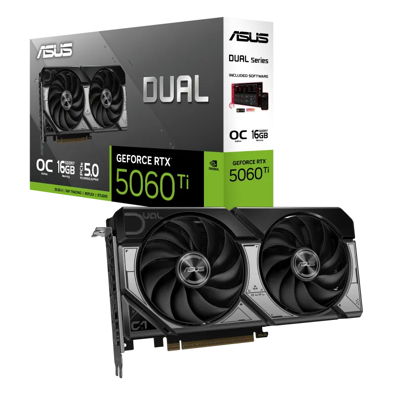 بستهبندی محصول جعبه و محتویات کارت گرافیک ASUS Dual GeForce RTX 5060 Ti 16GB GDDR7 OC