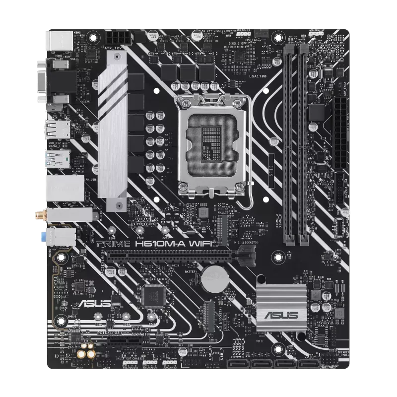 نمای روبهرو مادربرد ASUS PRIME H610M-A WIFI با دو اسلات DDR5، PCIe x16 و دو اسلات M.2 نمای روبهرو مادربرد PRIME H610M-A WIFI