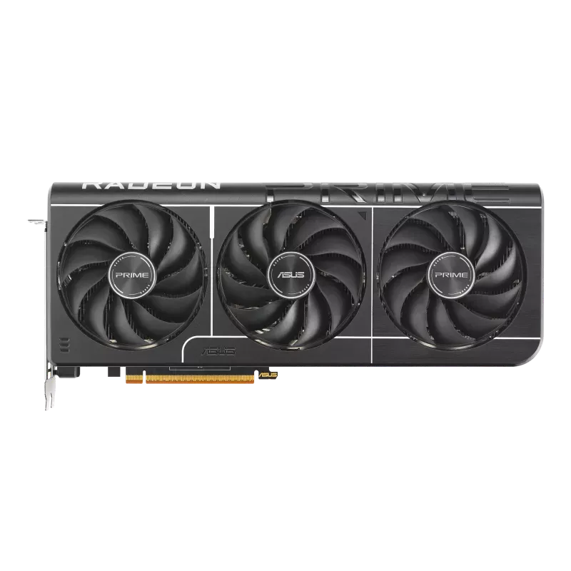 نمای روبه‌رو کارت گرافیک ASUS Prime RX 9070 XT OC با سه فن Axial-tech و طراحی 2.5 اسلات