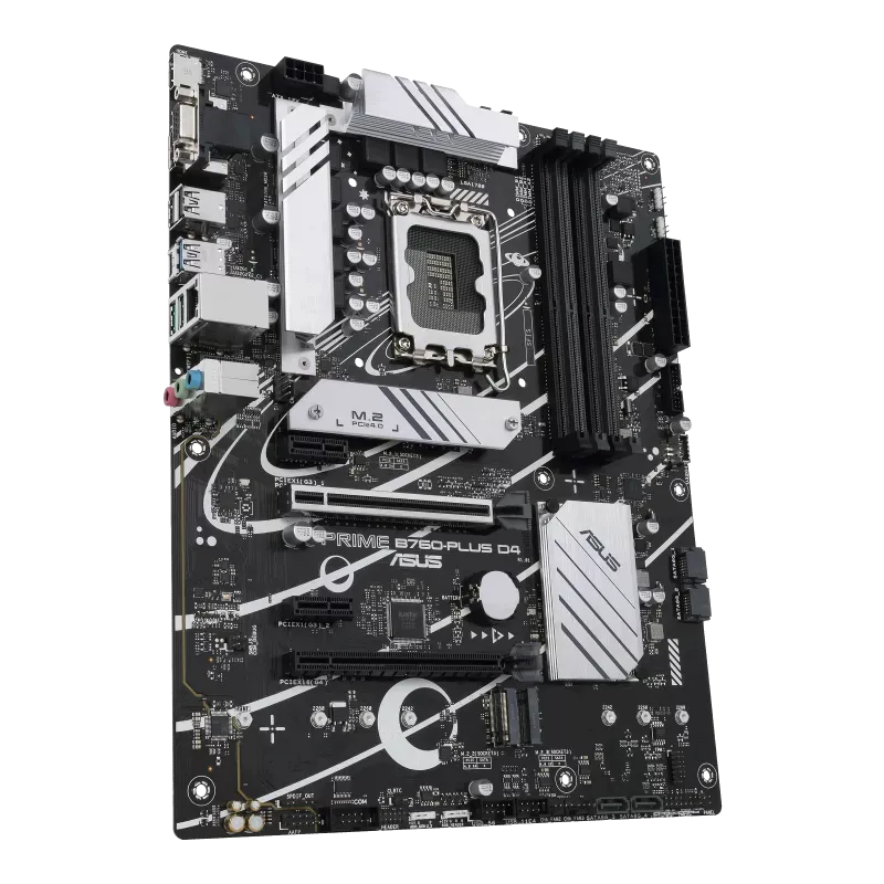 مادربرد ASUS Prime B760-Plus D4 نمای زاویهدار مادربرد ASUS Prime B760-Plus D4 با سوکت LGA1700 و اسلاتهای توسعه