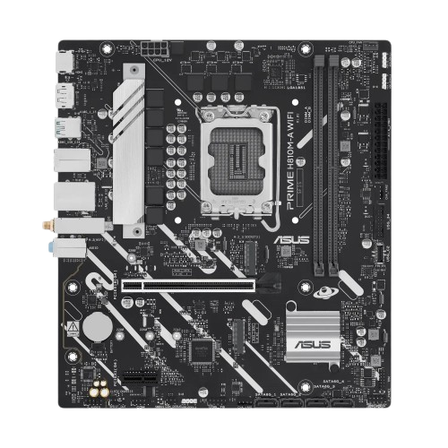 نمای روبهرو مادربرد ASUS PRIME H810M-A WIFI با دو اسلات DDR5، دو M.2 و اسلات کارت گرافیک PCIe 4.0 نمای روبهرو مادربرد ASUS PRIME H810M-A WIFI