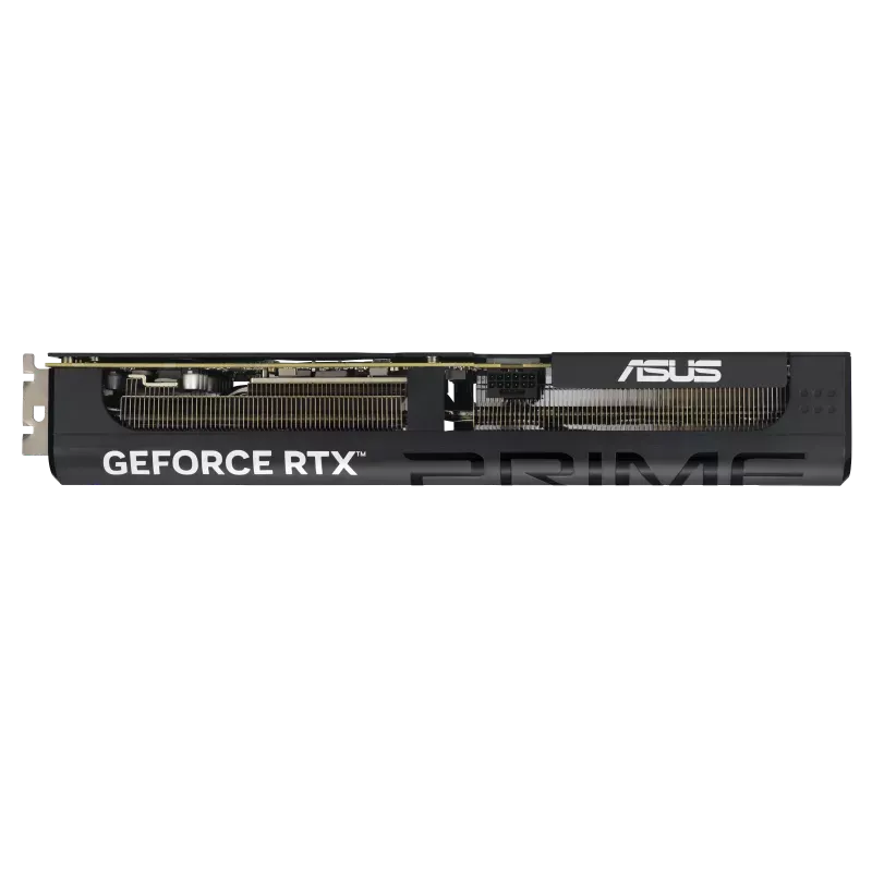 نمای کناری کارت گرافیک ASUS PRIME RTX 5070 با هیت‌سینک و کانکتور برق ۱۶ پین