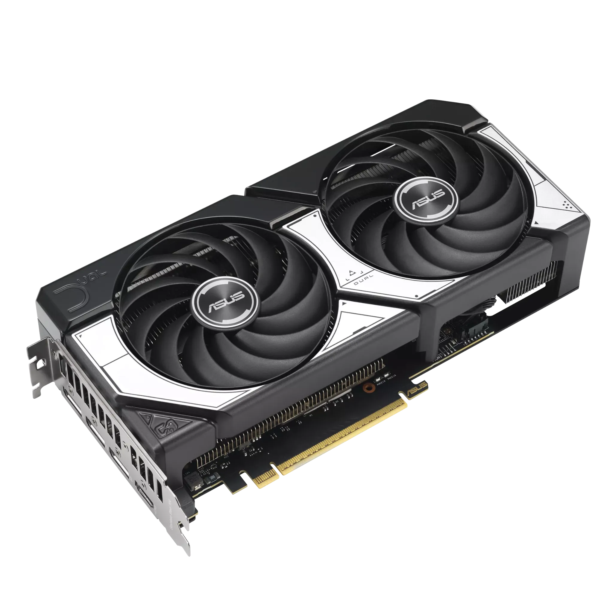 نمای سه‌بعدی کارت گرافیک ASUS Dual GeForce RTX 5070 با طراحی حرفه‌ای دو فن و خروجی‌های HDMI و DisplayPort