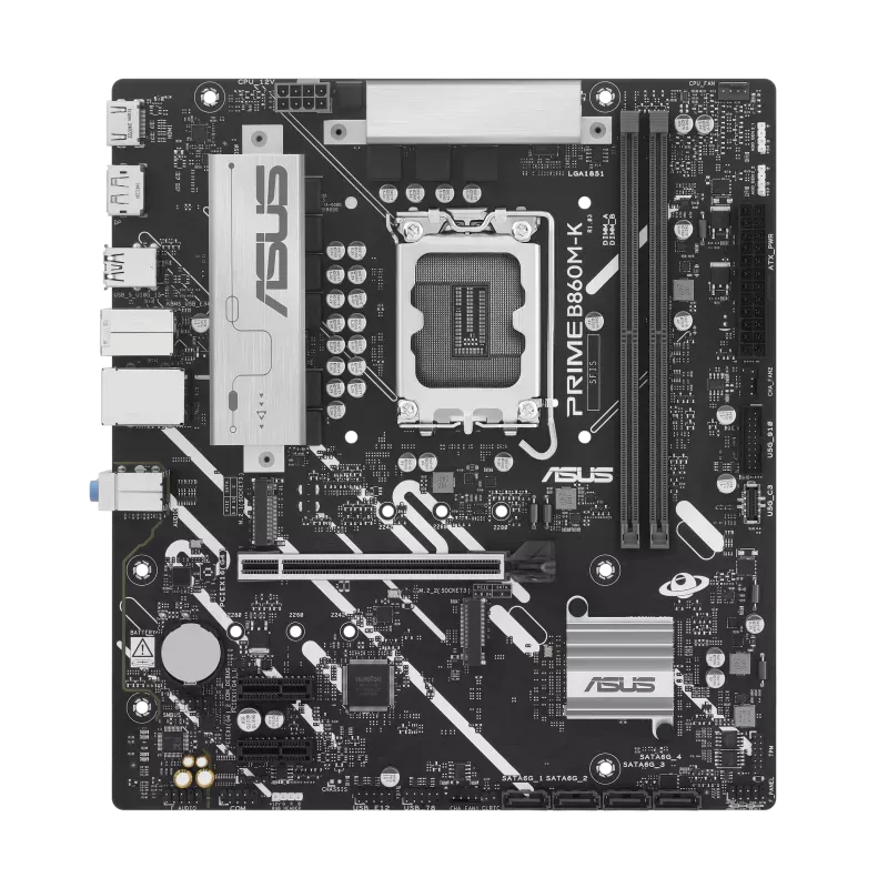 نمای کامل از بالا مادربرد ASUS Prime B860M-K با چیپست B860، سوکت LGA1851 و اسلات‌های توسعه