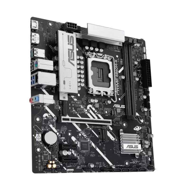 نمای سه‌ربع مادربرد ASUS Prime B860M-K با طراحی مشکی و نقره‌ای، اسلات PCIe و درگاه‌های ذخیره‌سازی