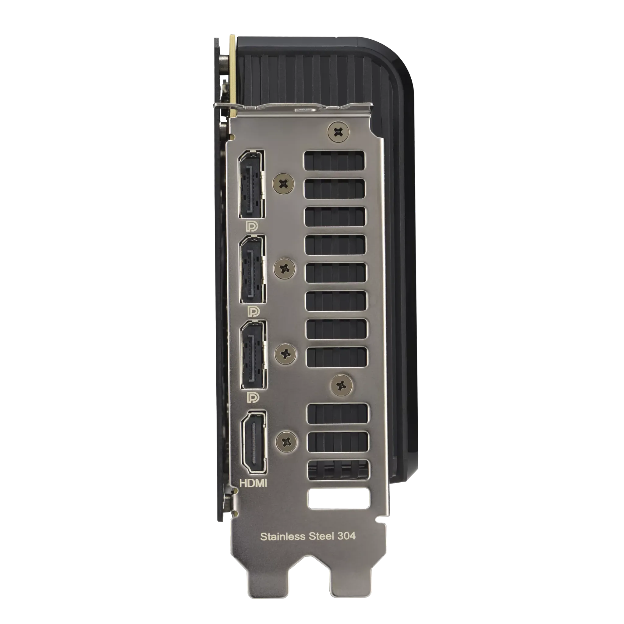 پورت‌های خروجی کارت گرافیک ASUS PRIME GeForce RTX 5080 شامل HDMI و DisplayPort با طراحی استیل ضدزنگ