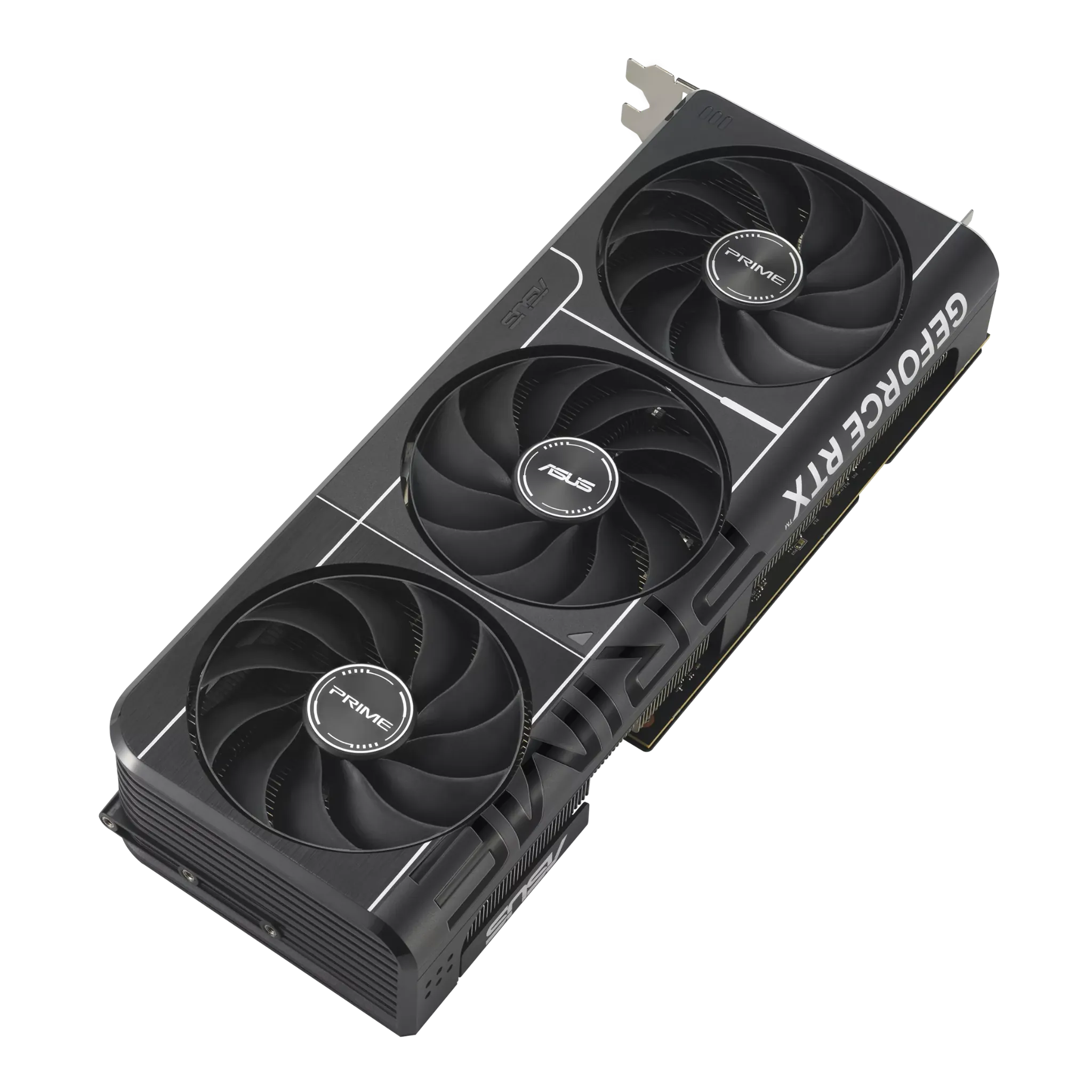کارت گرافیک ASUS PRIME GeForce RTX 5080 16GB GDDR7 OC Edition از زاویه بالا با طراحی سه فن خنک‌کننده