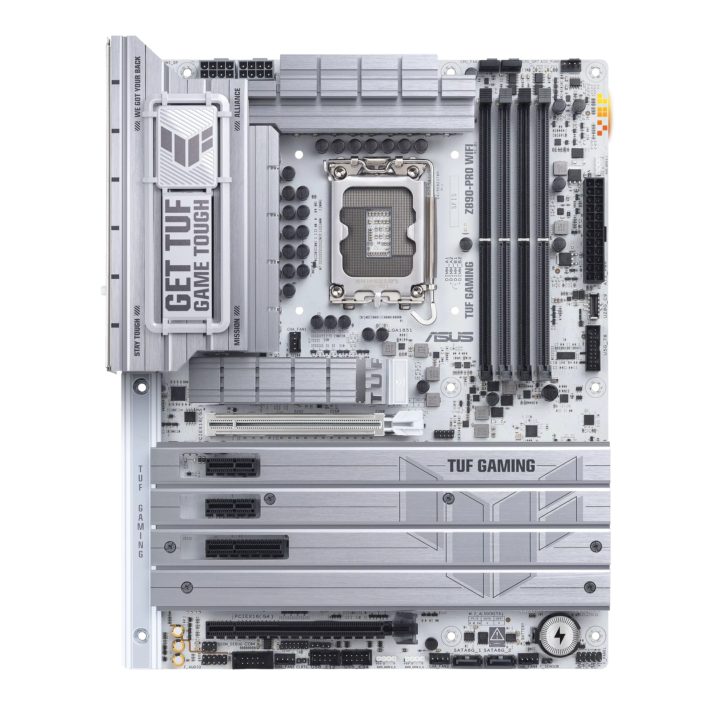 ASUS TUF GAMING Z890-PRO WIFI Front View مادربرد ایسوس ASUS TUF GAMING Z890-PRO WIFI نمای روبهرو با طراحی نقرهای و هیتسینکهای بزرگ