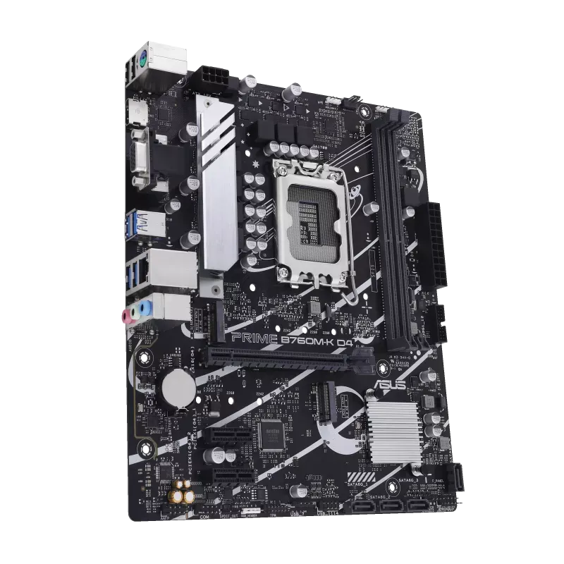 مادربرد ASUS Prime B760M-K D4 نمای زاویهدار مادربرد ASUS Prime B760M-K D4 با سوکت LGA1700 و اسلاتهای رم DDR4