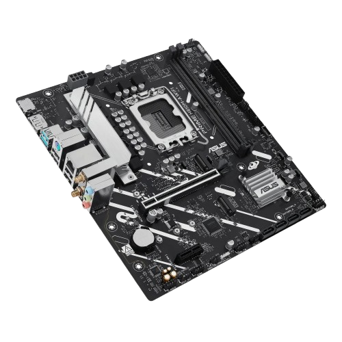 نمای زاویهدار مادربرد ASUS PRIME H810M-A WIFI با سوکت LGA1851، دو اسلات DDR5 و اسلات PCIe نمای سهبعدی ASUS PRIME H810M-A WIFI