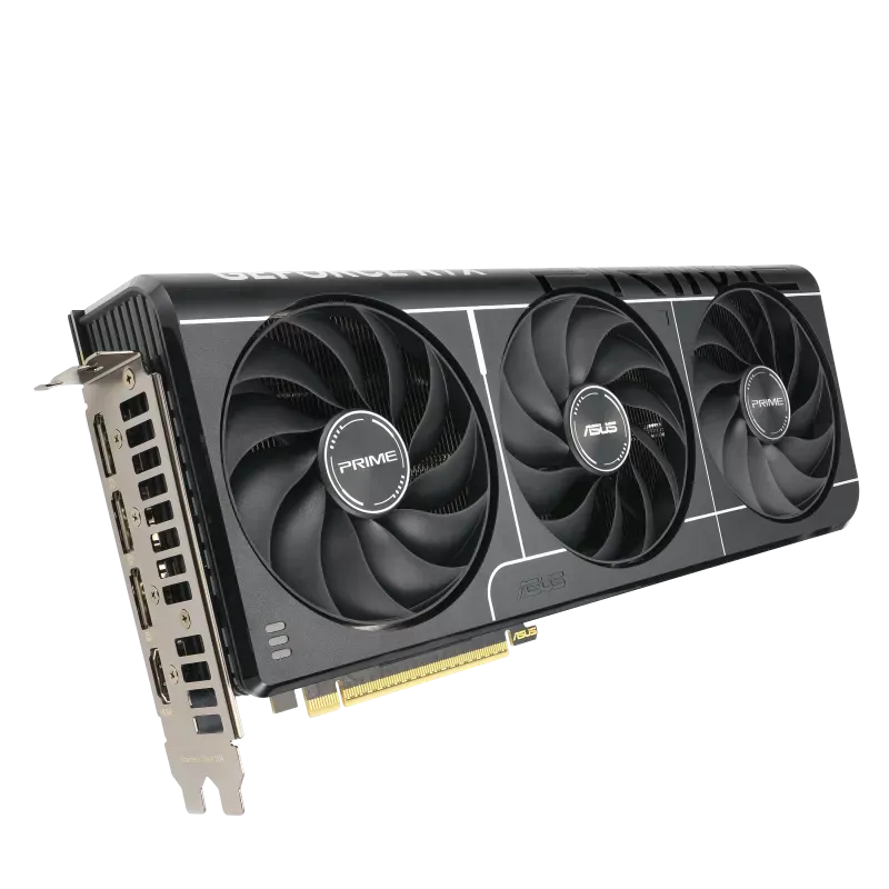 نمای زاویه‌دار کارت گرافیک ASUS PRIME RTX 5070 با سه فن خنک‌کننده Axial-tech