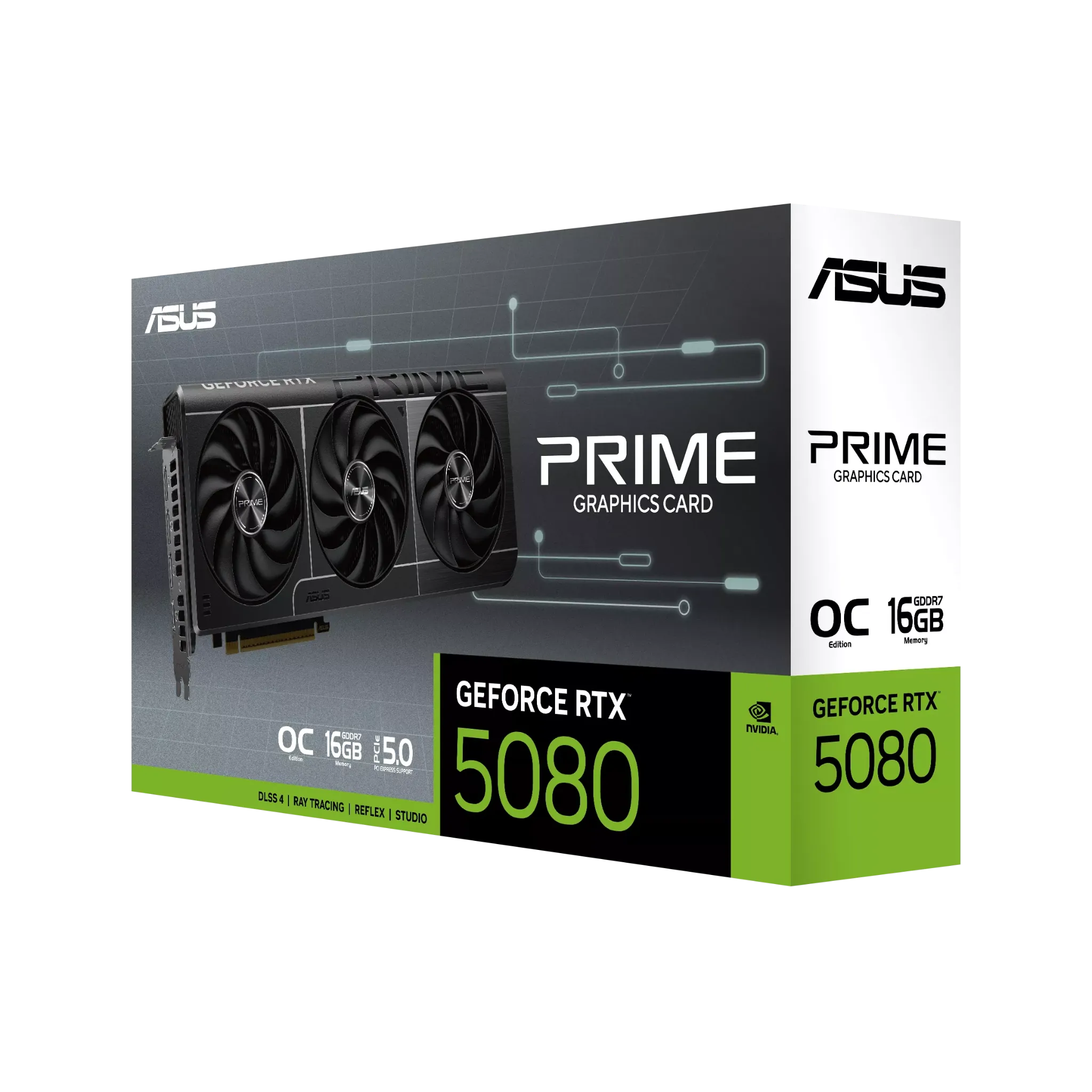 باکس کارت گرافیک ASUS PRIME GeForce RTX 5080 16GB GDDR7 OC Edition با طراحی مدرن و رنگ سبز برند NVIDIA