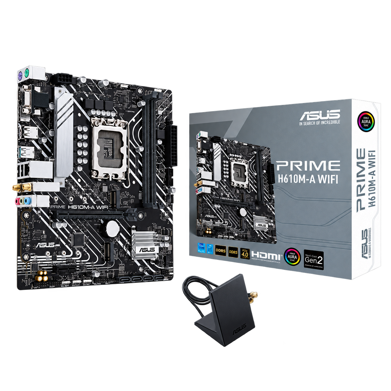 مادربرد ایسوس PRIME H610M-A WIFI DDR5 همراه با جعبه محصول و آنتن وای فای مادربرد ASUS PRIME H610M-A WIFI DDR5 با جعبه و آنتن