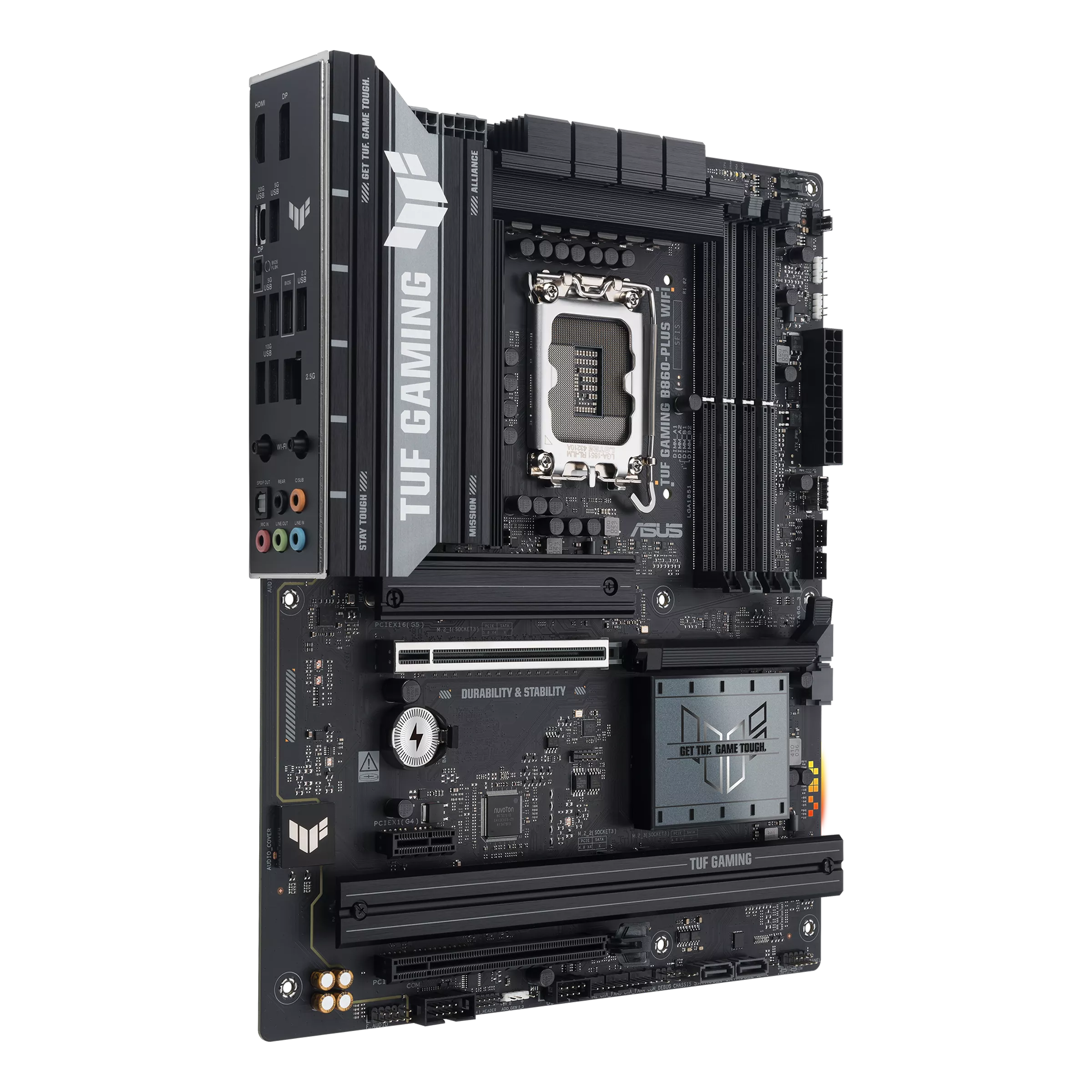 مادربرد ASUS TUF GAMING B860-PLUS WIFI از زاویه کناری با پنل I/O