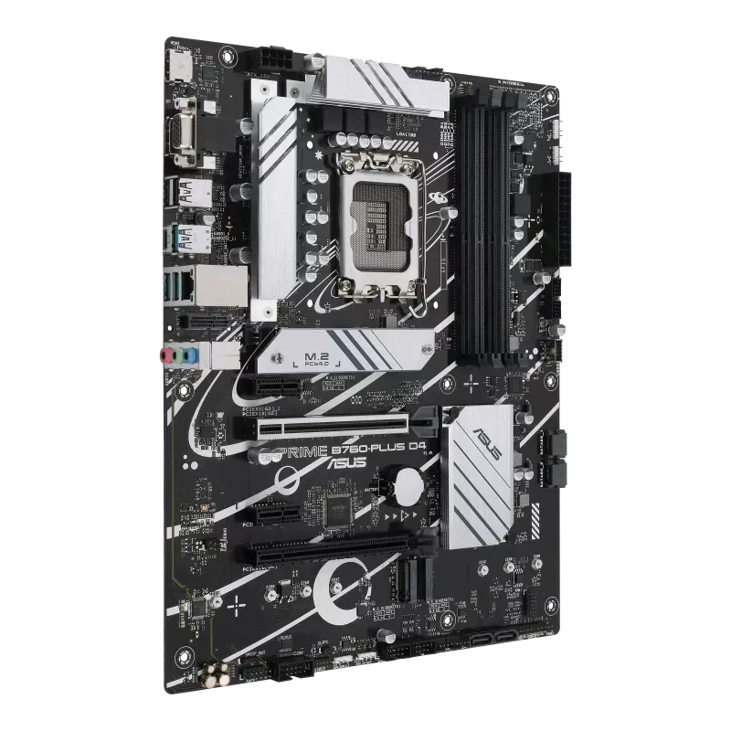 ASUS Prime B760-Plus D4 Motherboard نمای سهربع مادربرد ASUS Prime B760-Plus D4 با هیتسینکهای نقرهای و چهار اسلات رم DDR4