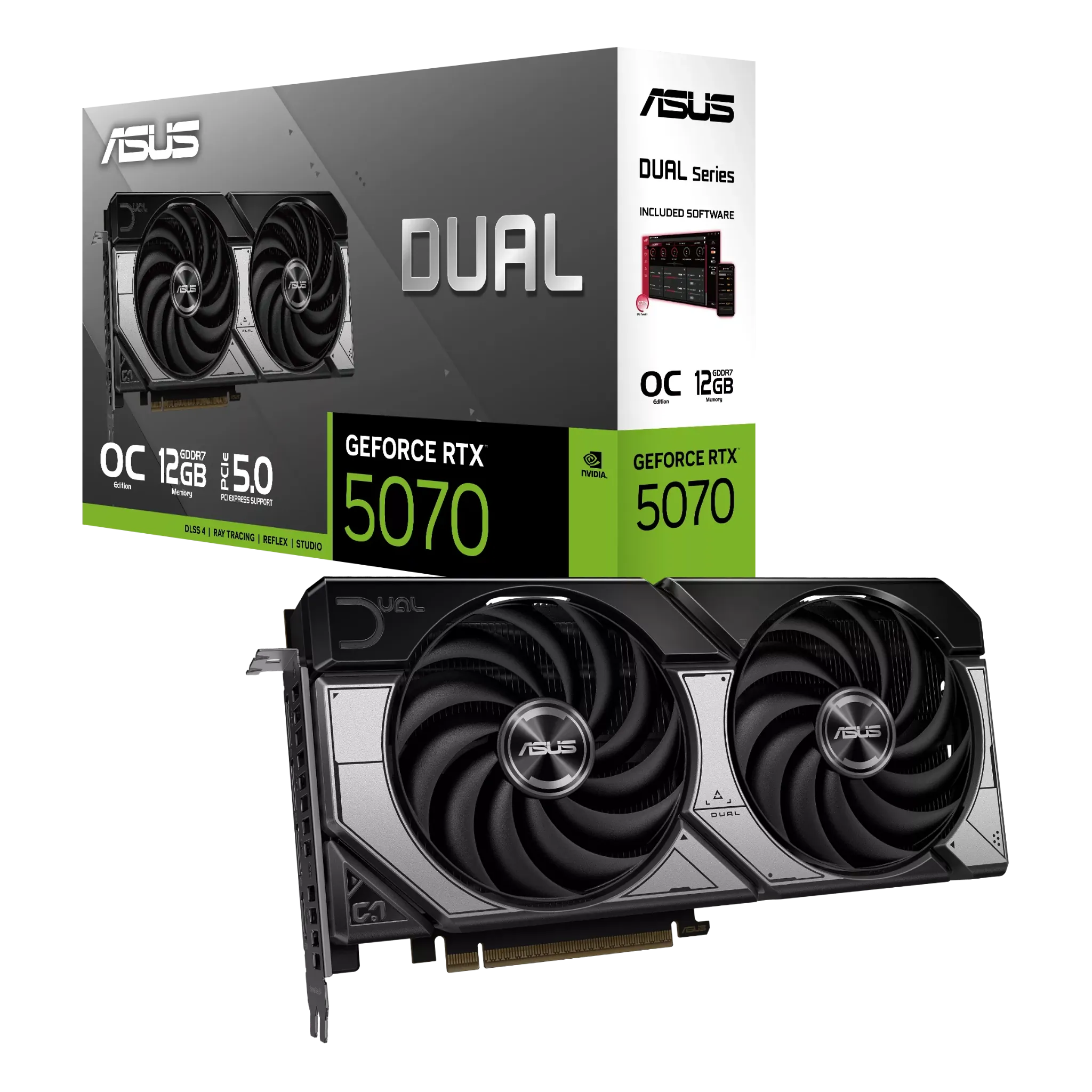 کارت گرافیک ASUS Dual GeForce RTX 5070 به همراه جعبه محصول با طراحی مدرن و حافظه 12GB GDDR7