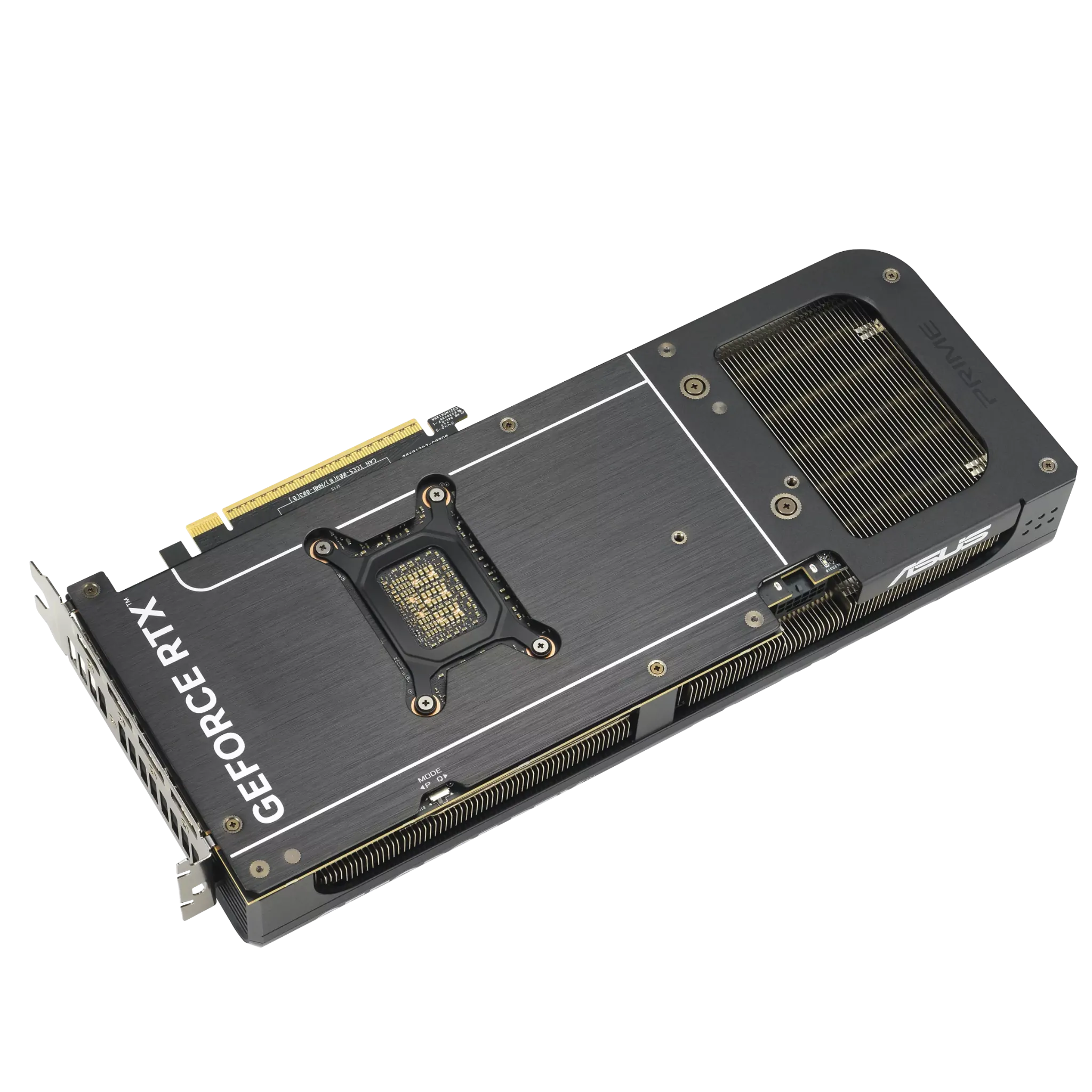 نمای زاویه‌دار پشت کارت گرافیک ASUS PRIME GeForce RTX 5080 16GB GDDR7 OC Edition با طراحی فلزی و سیستم خنک‌کننده